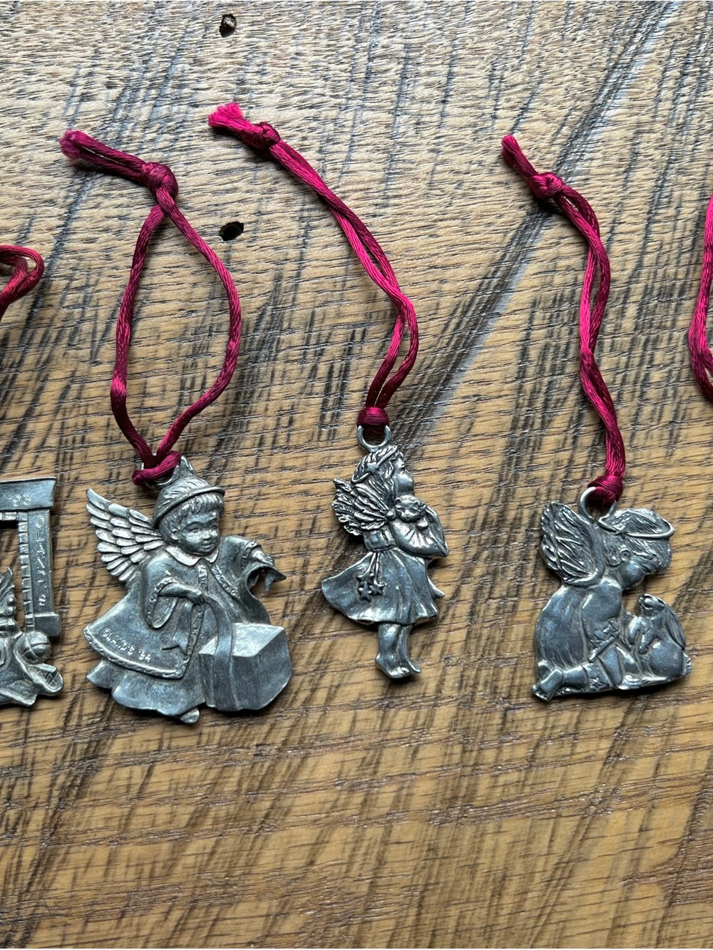 Vintage Pewter Angel Ornament Set of 5 with Red Cord